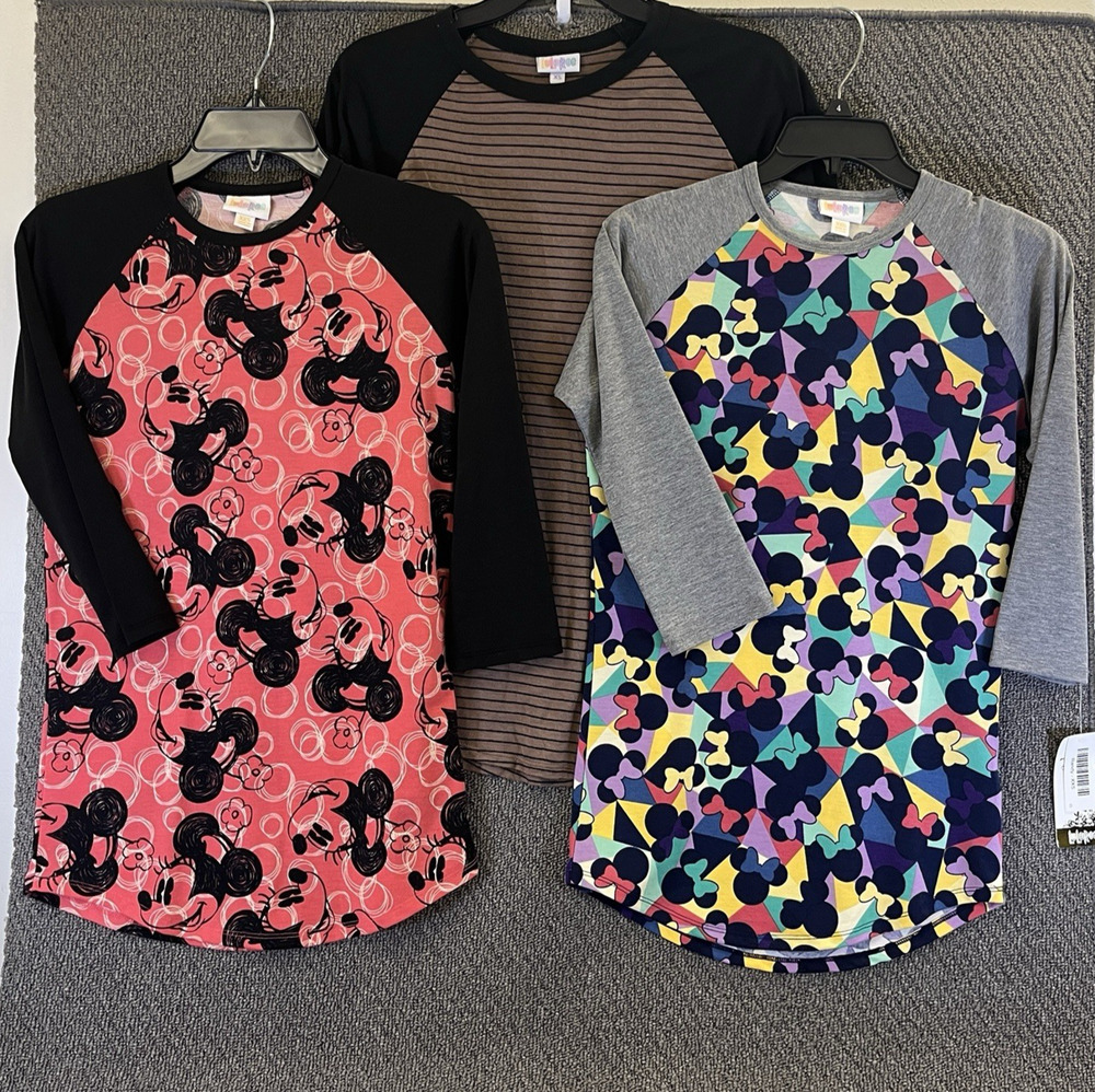 LuLaRoe Randy Shirt Lot 3 Womens 3/4 Sleeve Disney Mickey Mouse Striped Bundle